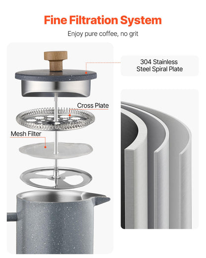 VEVOR French Press Coffee Maker, 34 Ounce 1 Liter Stainless Steel Coffee Press Tea Maker with Filter, Large Double Wall Insulated French Presses Cold Brew for Camping Travel Home Kitchen, Black