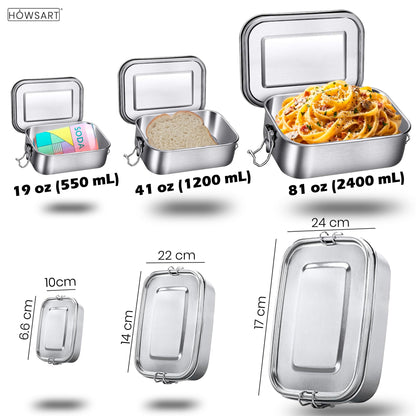 5 in 1 | Stainless Steel Bento Box & Silicone Case Cutlery Set & Salad Dressing Container – 3PCS Nesting Metal Lunch Box 19oz - 41oz - 81oz for Travel, Office – Food Storage Lunchbox for Adults