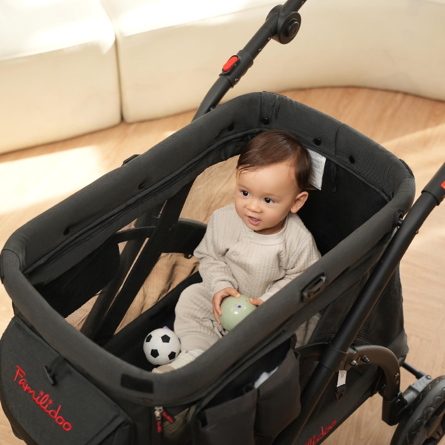 Familidoo MJ01 Stroller Wagon with Removable Bassinet & Seat, Snack Tray Included, Zippered Front and Rear Doors, Mesh Ventilated Panels (Black)