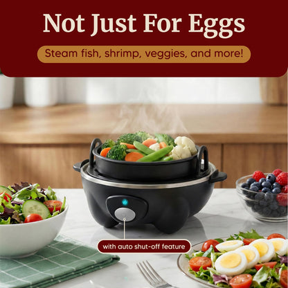 Elite Gourmet EGC-007B# Rapid Egg Cooker, 7 Easy-To-Peel, Hard, Medium, Soft Boiled Eggs, Poacher, Omelet Maker, Auto Shut-Off, Alarm, 16-Recipe Booklet, Black