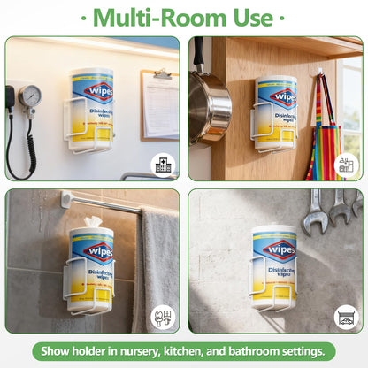 Wall-Mount Wipes Holder, Wipes Dispenser for Surface Cleaning Wipes, 5mm Steel Wire, Easy-Load Design with Strong Adhesive Backing (White, Small)