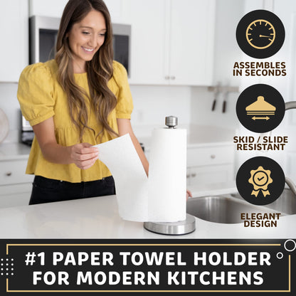 Heavy-Duty Stainless Steel Paper Towel Holder - Easy One-Handed Tear with Suction Cups - Modern Weighted Standing Countertop Dispenser for Kitchen - Holds All Paper Towel Rolls, Silver
