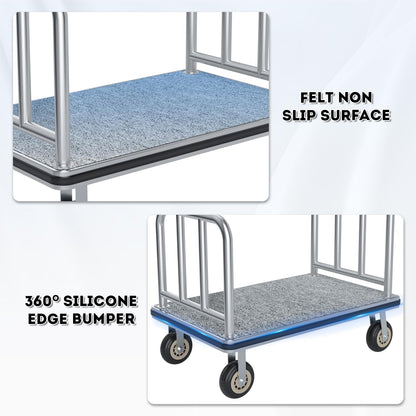Hotel Luggage Cart, 900LBS Load Capacity Bellman's Cart with 8" Wheels, Brushed Stainless Steel Commercial Grade Hotel Luggage Trolley with Grey Carpeted Deck for Hotels (42''L x 25''W x 38''H)
