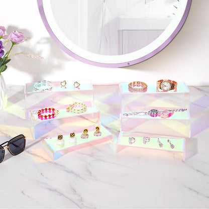 6pcs Iridescent Acrylic Display Risers, Rainbow Display Stand Set for Collectible Figures Jewelry Perfume Organizer, 3 Sizes Rectangular Stands for Candy Dessert Cupcake, Vendor Booth Retail Showcase