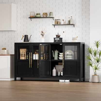 GarveeHome Sideboard Buffet Cabinet with 4 Glass Doors, 55 in Buffet Table Coffee Bar Wine Bar Display Cabinet for Kitchen Dining Room, Living Room (Glass with 4 Doors, Dark)