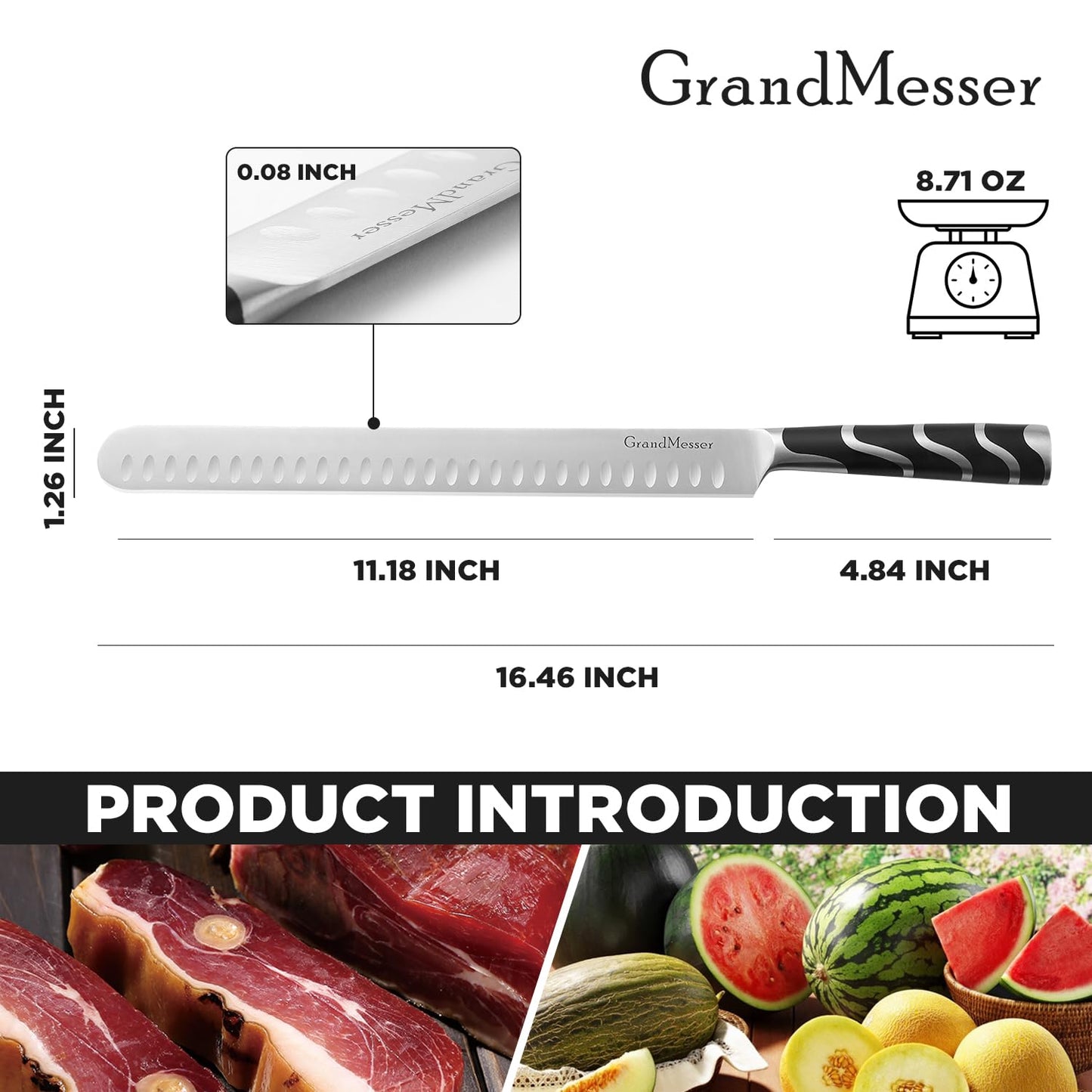GrandMesser Carving Knife, 12 Inch Slicing Knife for Meat, Premium German Steel with ABS Handle, for BBQ Brisket Turkey Ham Rib Roast Beef with Sharpener.