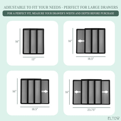 ELTOW Expandable Utensil Drawer Organizer, 5 Compartment Non-Slip & Adjustable Large Tray for Kitchen Drawers, Black