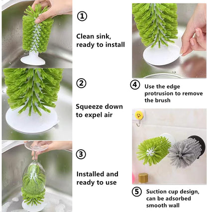 4PCS Glass Cleaning Brush with Suction Cup, Kitchen Bottle and Wine Cup Cleaner, Gray