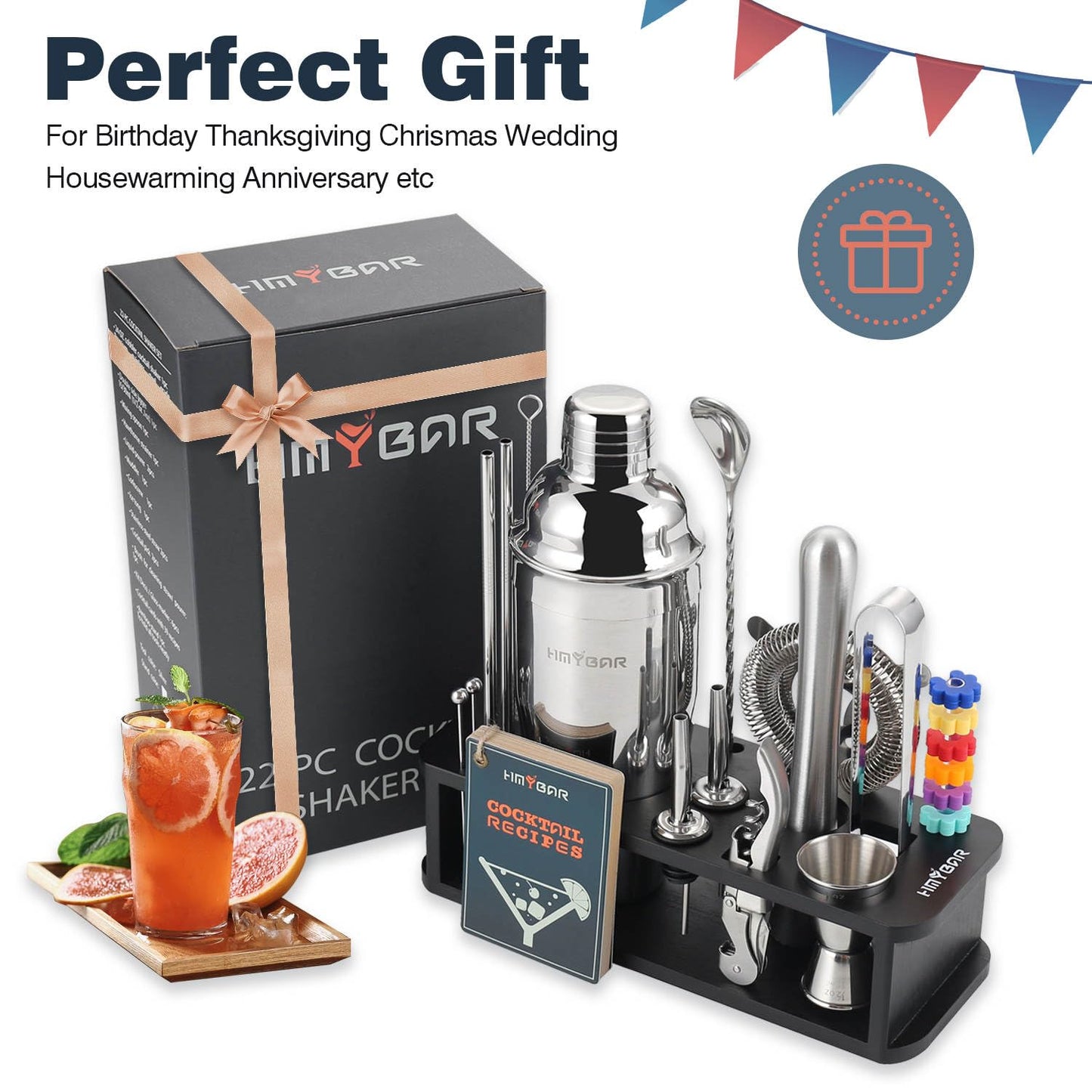 HMYBAR® 22-pc Cocktail Shaker Set(24oz/700ml) | Mixology Bartender Kit | Bar Tool Set | Martini Making Set with 39-Recipe Cocktail Cards & Kit's Deco, Bamboo Stand Black Color, Silver Tools