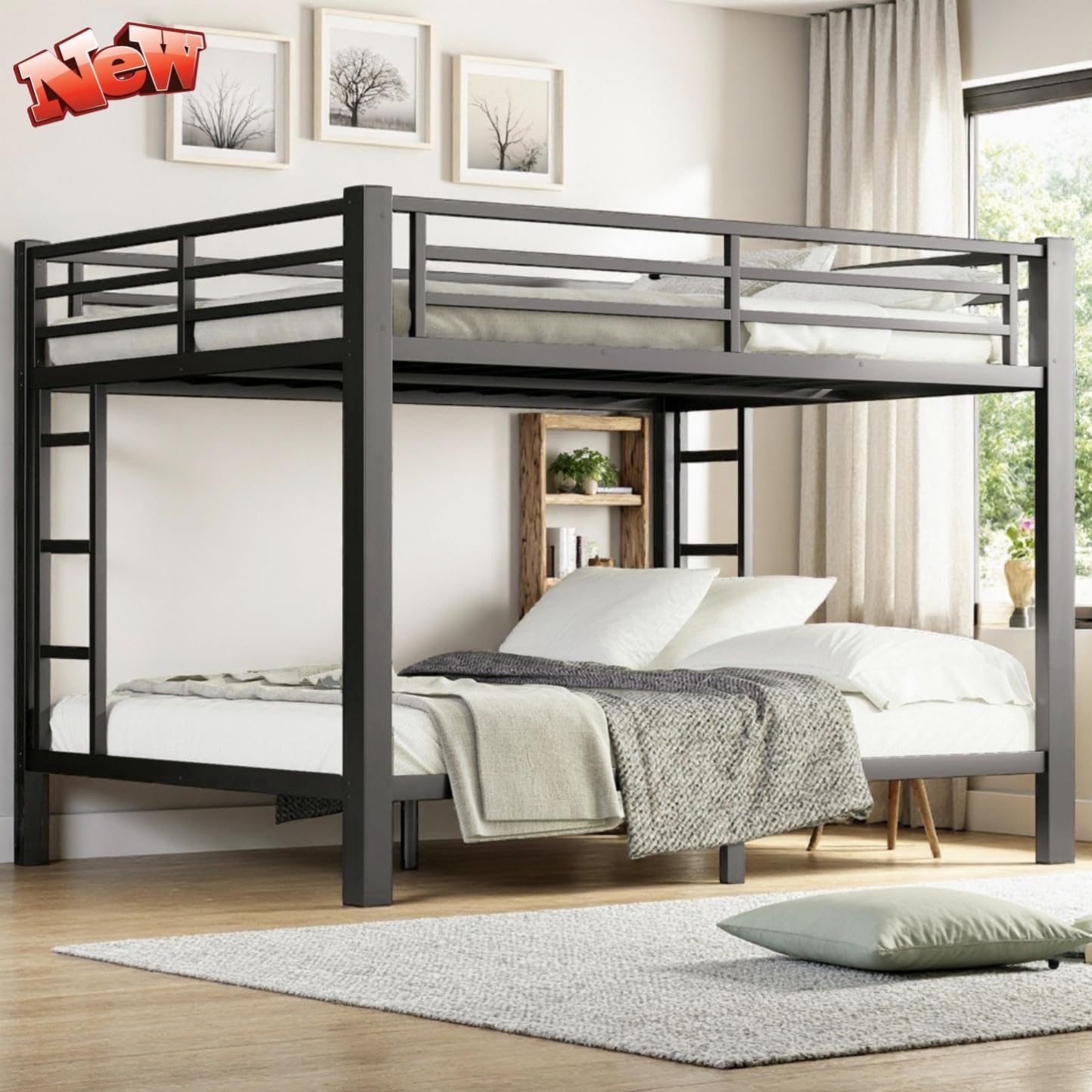 SICONE Stronger & Upgraded Heavy Duty Metal Bunk Bed Frame Queen Over Queen Size, Safer Thickened More Stable Steel Bunkbed (Black,Queen Over Queen)