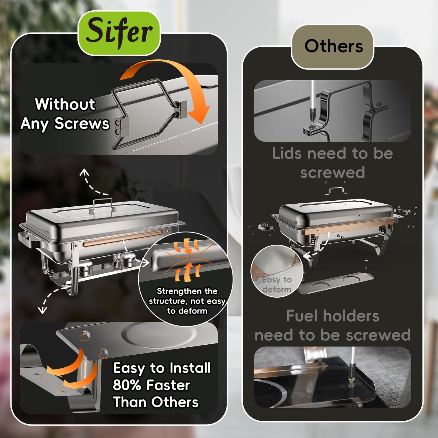 SIFER Chafing Dishes for Buffet 9Qt 4 Pack with Multi-Size Food Pans-Screwless Installation Chafing Dish Buffet Set,Foldable Handles Stacking Design,Stainless Steel for events,Silver