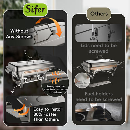 SIFER Chafing Dishes for Buffet 9Qt 4 Pack with Multi-Size Food Pans-Screwless Installation Chafing Dish Buffet Set,Foldable Handles Stacking Design,Stainless Steel for events,Silver