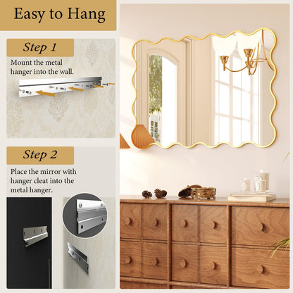 Kelly Miller 30x40 Inch Gold Scalloped Mirror, Large Rectangular Wavy Edge Bathroom Vanity Wall Mirror Decorative for Bedroom Living Room Entryway Fireplace Mantle