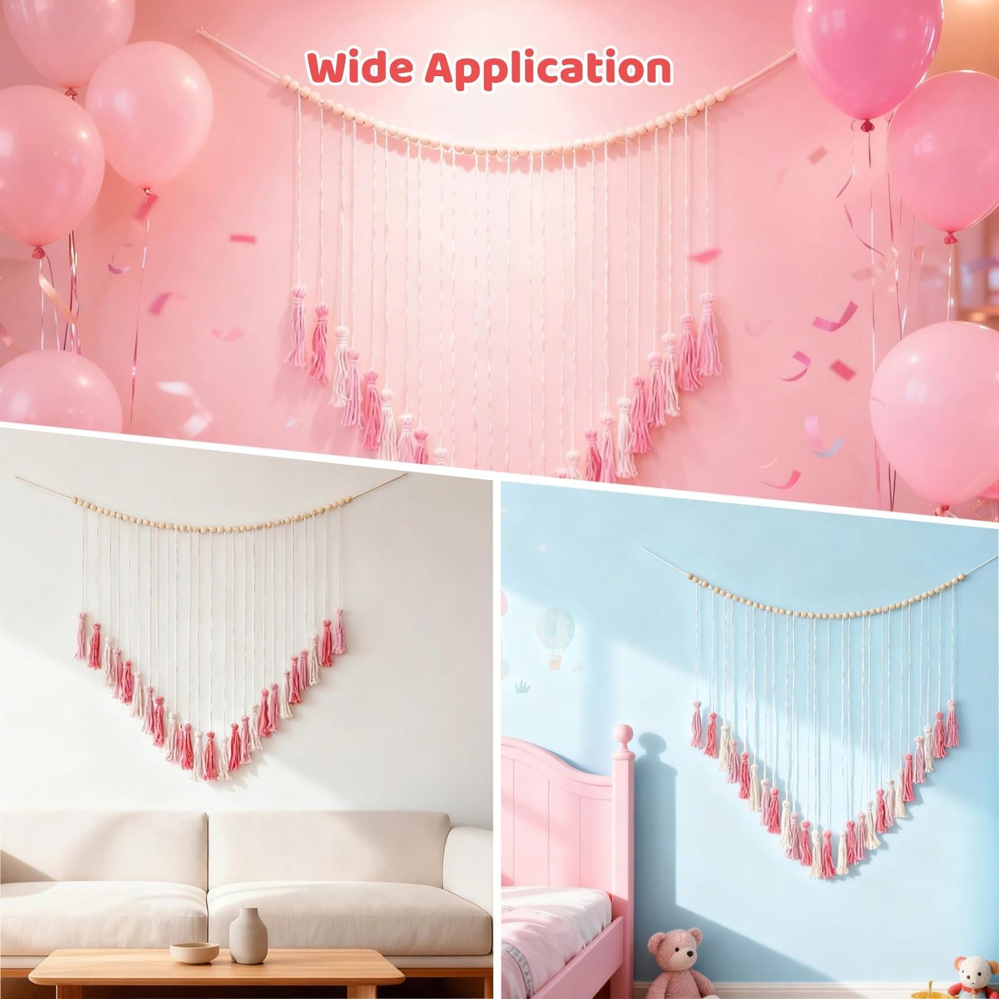Boho Macrame Wall Hanging, 43 x 39 in Blush Pink Wall Decor with Wooden Beads, Large Handmade Cotton Rope Tapestry for Bedroom, Living Room, Wedding, Apartment