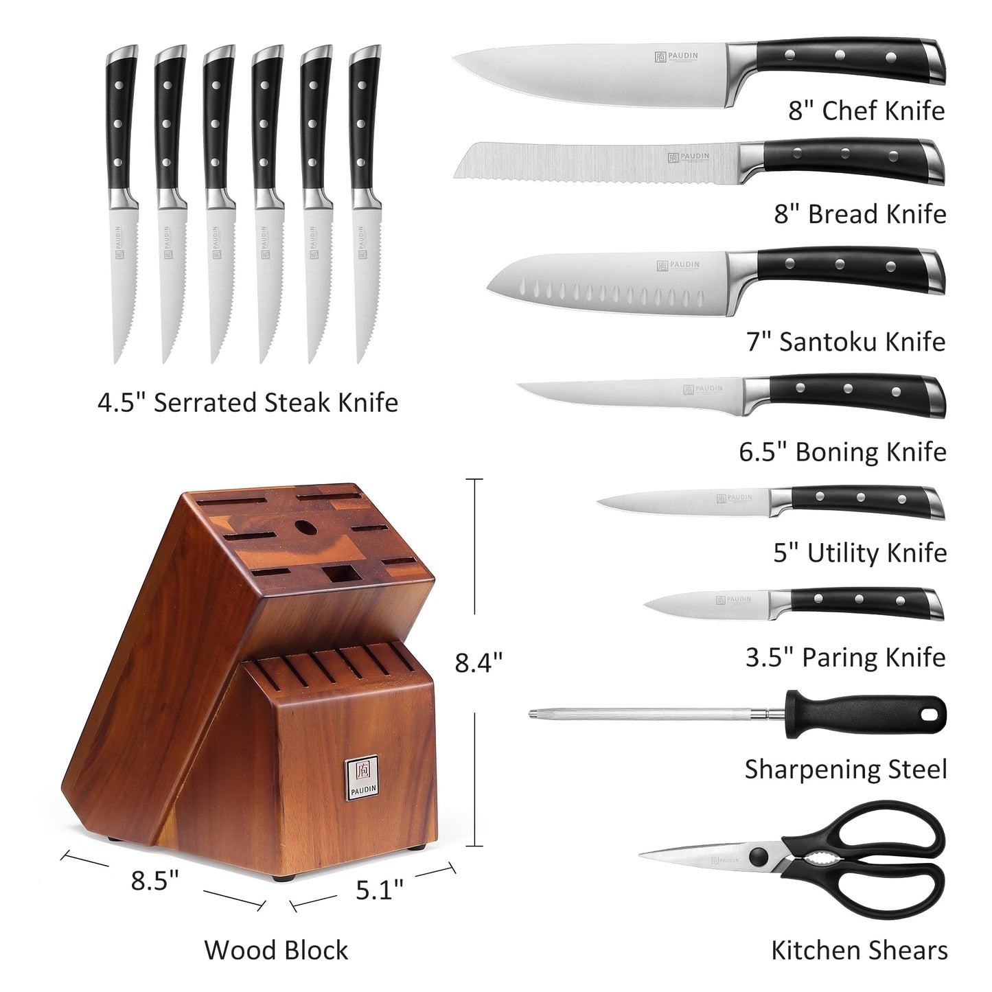 PAUDIN Knife Block Set, 15 Pieces Knife Set with Block, High Carbon Stainless Steel Kitchen Knife Set with Sharpener, Knives Set for Kitchen with Full Tang Triple Rivet Handle