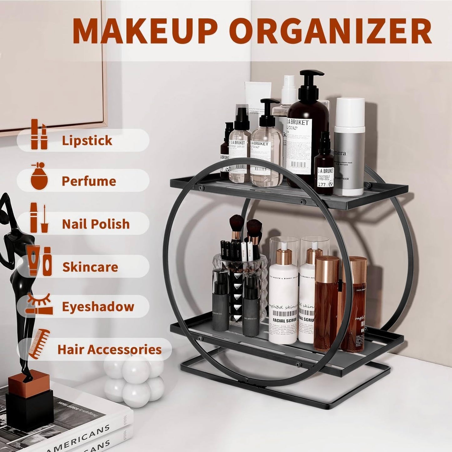 Bathroom Vanity Organizer, Black Perfume Organizer for Dresser, 2 Tier Cosmetic Display Tray for Bathroom Counter