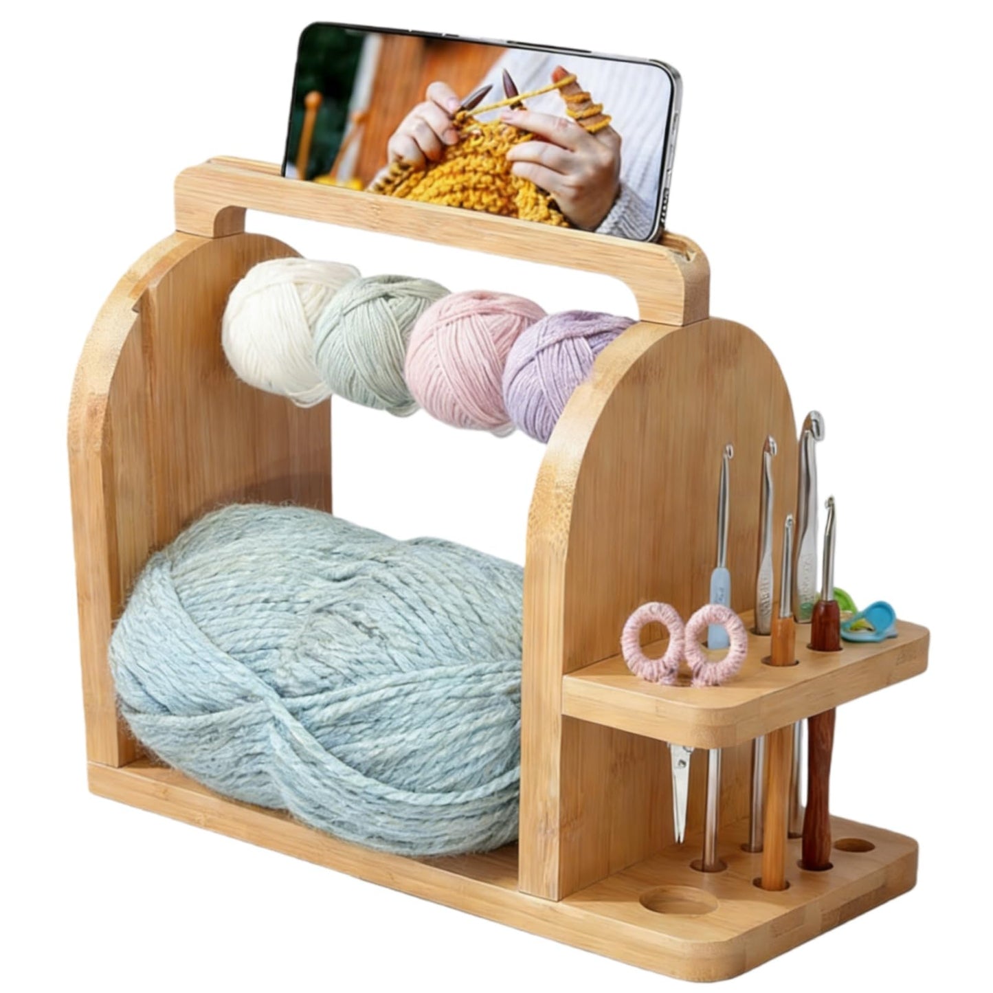 Wooden Yarn Holder with Phone Stand & Handy Tool Slot – Portable Yarn Spinner and Detachable Organizer Box for Crocheting, Knitting Projects and Yarn Storage
