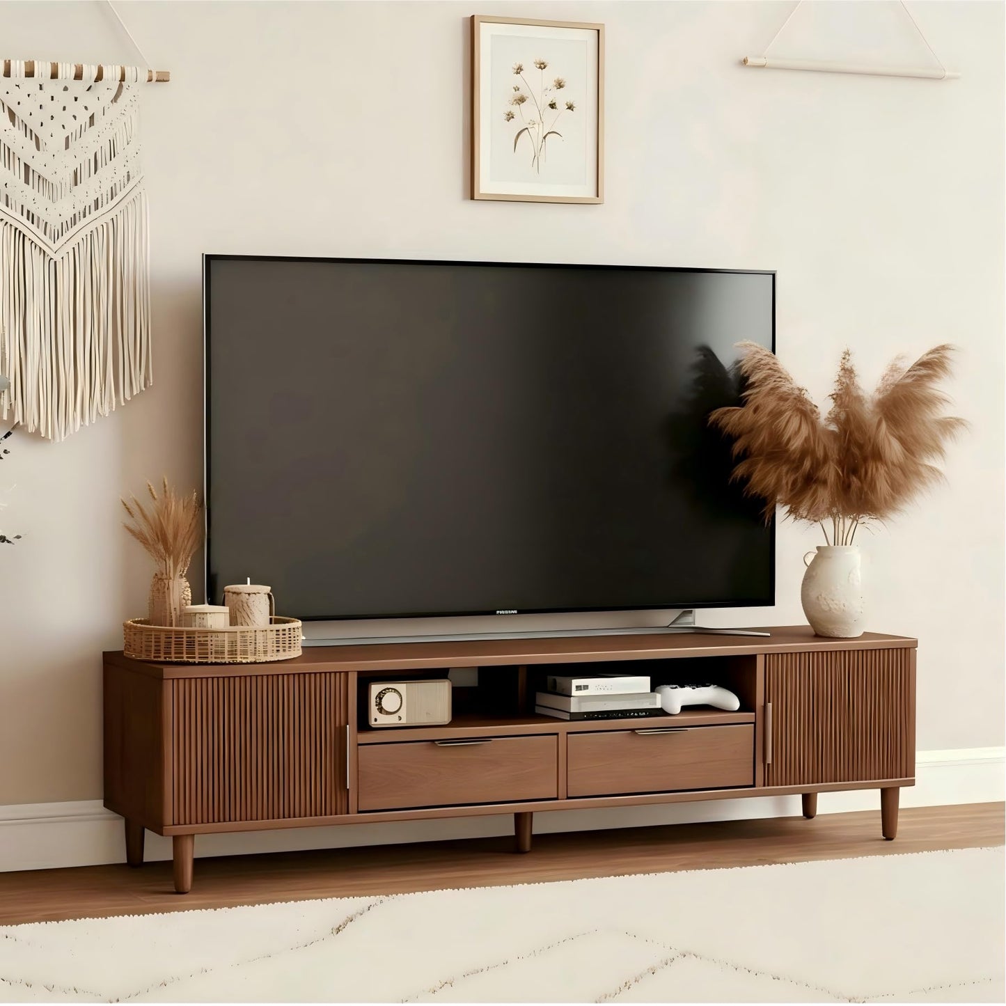 CycleCrew Mid Century Modern TV Stand for TVs Up to 70 in- Wooden Fluted Entertainment Center Low Profile TV Console with 2 Cabinet, Drawers and Shelf, Media Console for Living Room