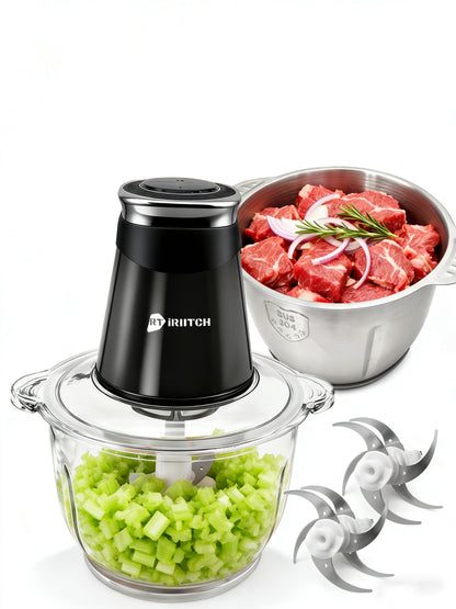 iRIITCH Food Processors, Electric Food Chopper with Meat Grinder & Vegetable Chopper - 2 Bowls (10 Cup+5 Cup) with Powerful 500W Copper Motor - Includes 2 Sets of Bi-Level Blades for Fruits/Meat/Nuts