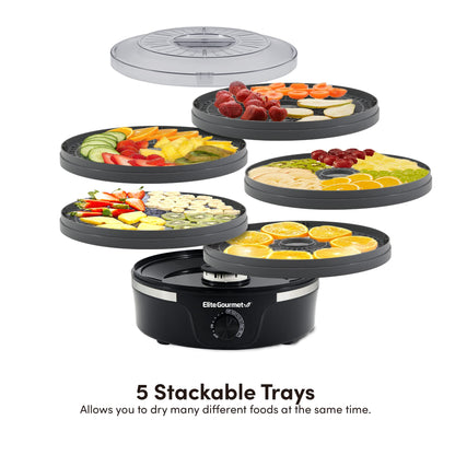 Elite Gourmet EFD319DKG Food Dehydrator, 5 BPA-Free 11.4" Trays Adjustable Temperature Controls, Jerky, Herbs, Fruit, Veggies, Dried Snacks, Black and Grey