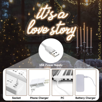 Its a Love Story Neon Sign, Warm White USB Led Light Up Signs for Bedroom Aesthetic Birthday Wedding Party Gift Boyfriend Girlfriend Lover Women Men Room Bathroom Decoration Gift, 15.7 x 11.8 Inch