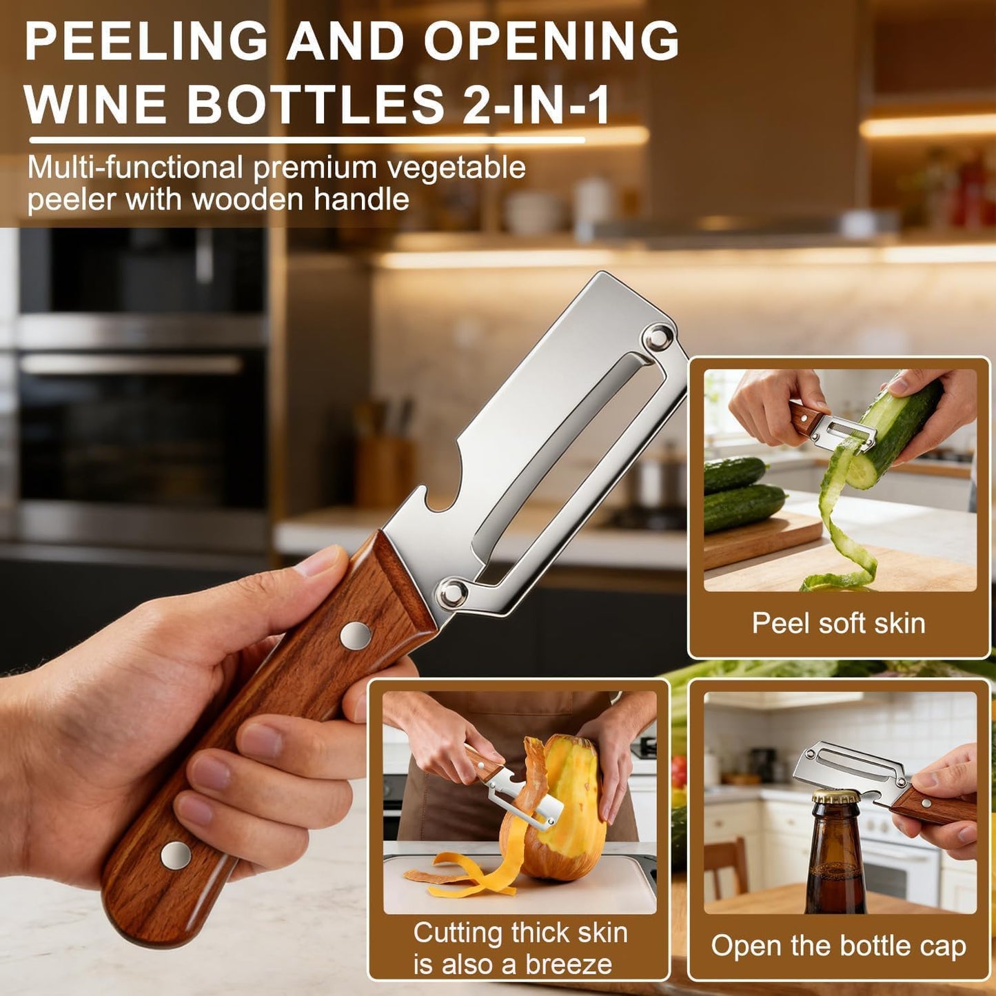 2Pcs Multifunctional Vegetable Peeler for Kitchen, 2-in-1 Stainless Steel Vegetable Peeler with Wooden Handle and Bottle Opener, Stainless Steel Blade, Non-Slip Kitchen Vegetable and Fruit Peeler