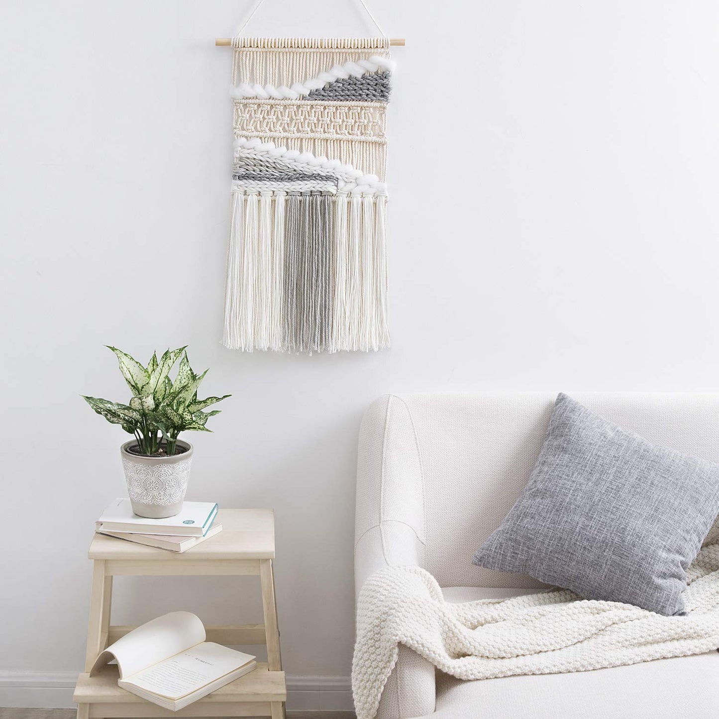 Mkono Macrame Wall Hanging Woven Boho Decor Gray Yarn Fringe Tassel Handmade Home Decoration for Bedroom Living Room Dorm Nursery Apartment, 12''W x 24.5''L
