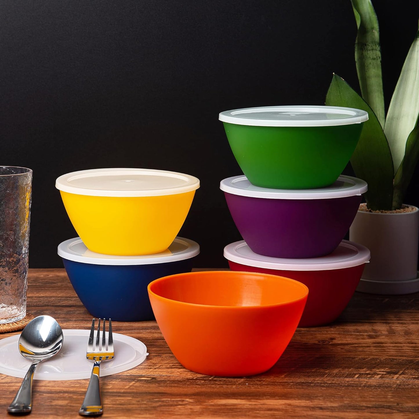 Set of 6 Plastic Bowls with Lids - Unbreakable 6-inch Cereal/Soup/Salad Bowls, Multicolor, BPA Free