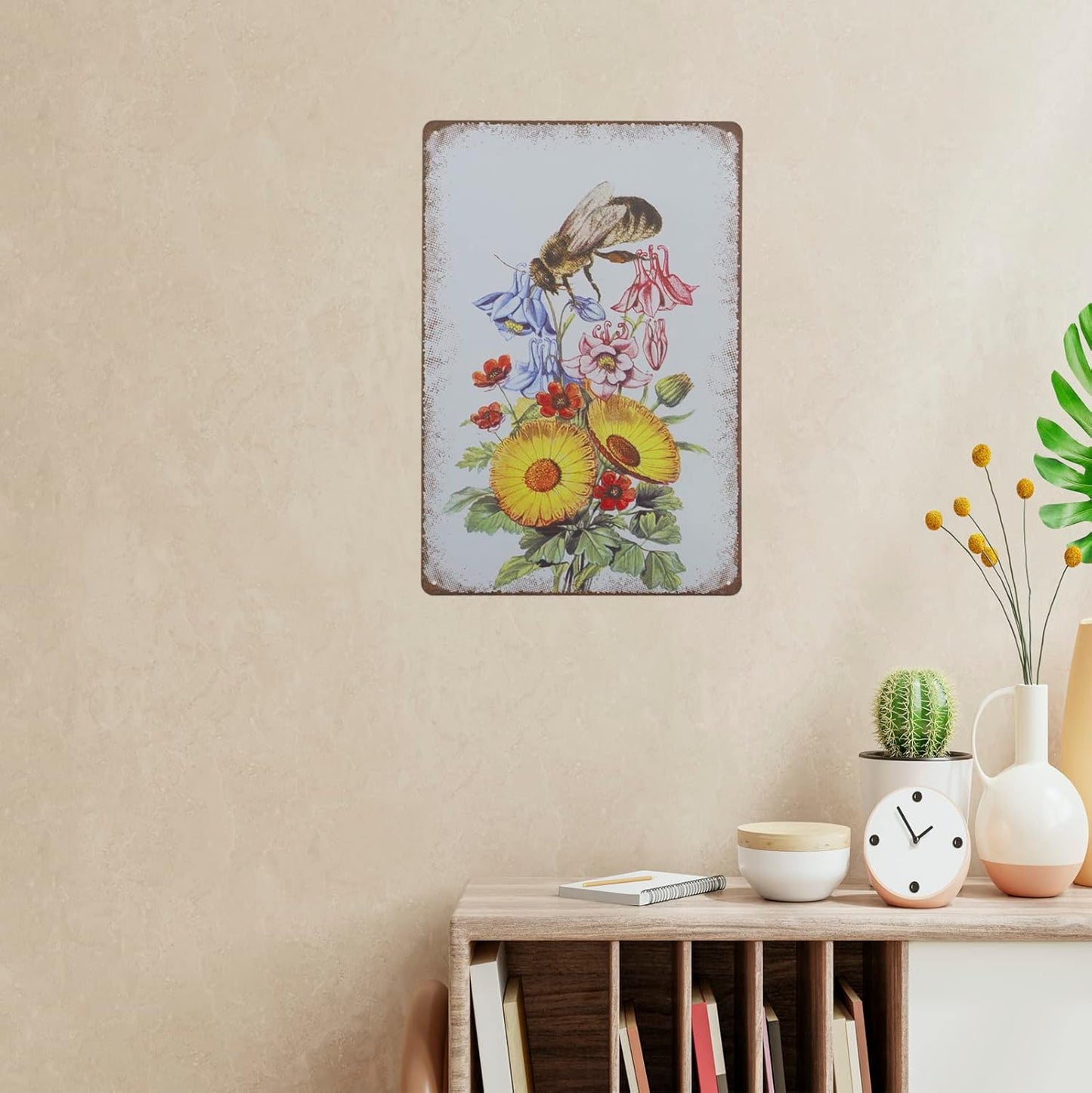 Retro Metal Tin Sign, Bee Sunflower Summer Wall Decor, Farmhouse Decor for Home Cafes Office Store 8 x 12 in
