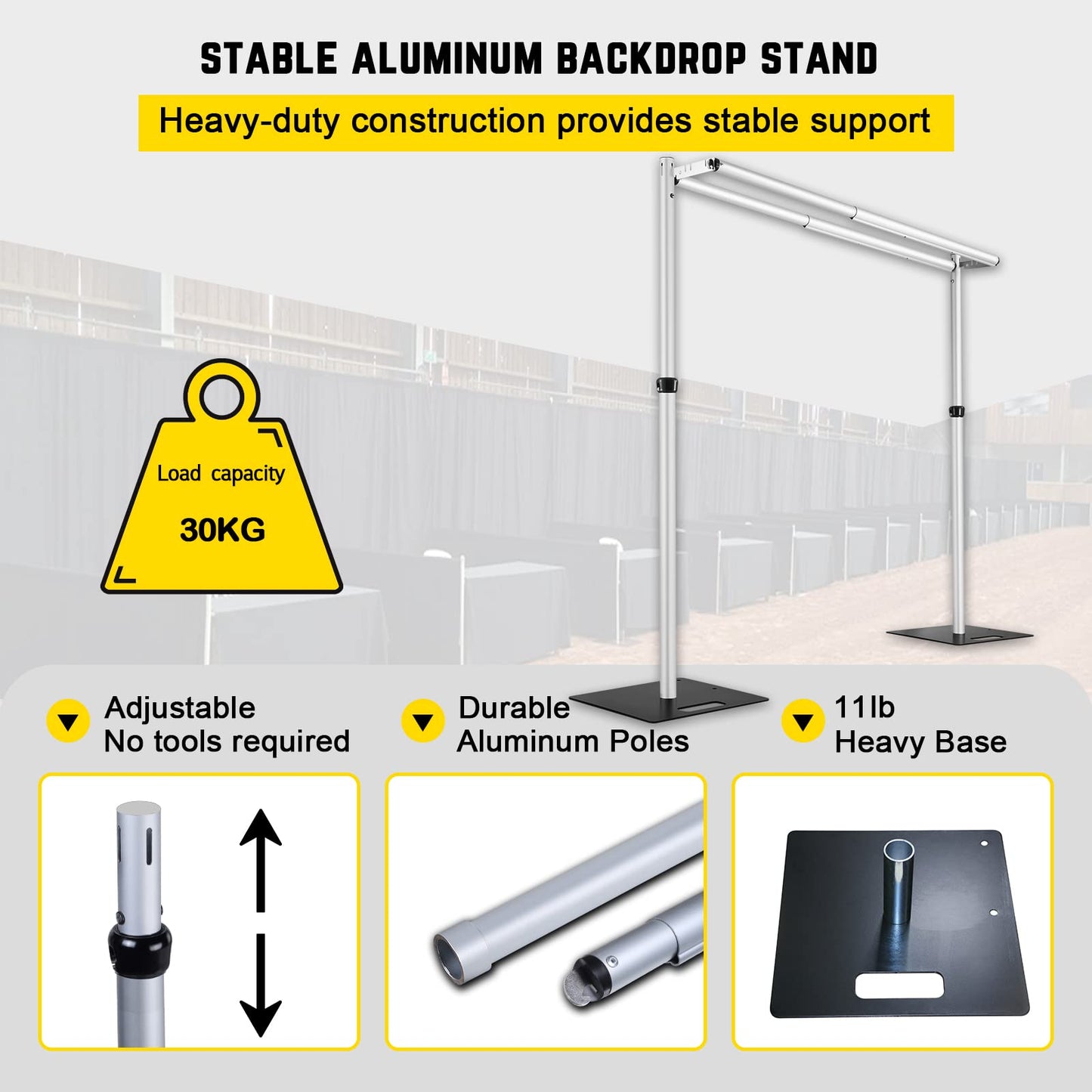 Hecis Portable Pipe and Drape Backdrop Stand 6-10' Tall x 10-30' Wide Double Crossbar, Adjustable Pipe and Drape Backdrop Kit for Event， Party, Trade Shows and Wedding Decor