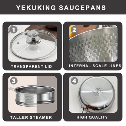 2.5 QT Tri-Ply Stainless Steel Hammered Saucepan with Steamer visible Lid and Pour Spout Japanese Milk Pot for Cooking Milk Noodle Pasta Soup Vegetable Induction Compatible Dishwasher Safe