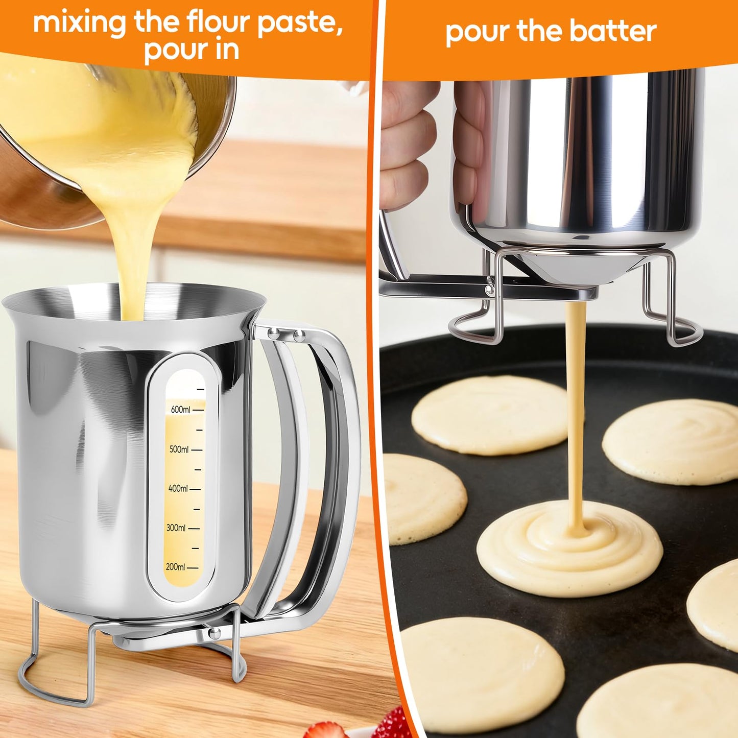 32oz 900ml Pancake Batter Dispenser, Stainless Steel Batter Dispenser with Handle, Visible Scale, Pancake Mix Dispensers for Funnel Cake, Pancakes, Cupcakes, Waffles, Crepes