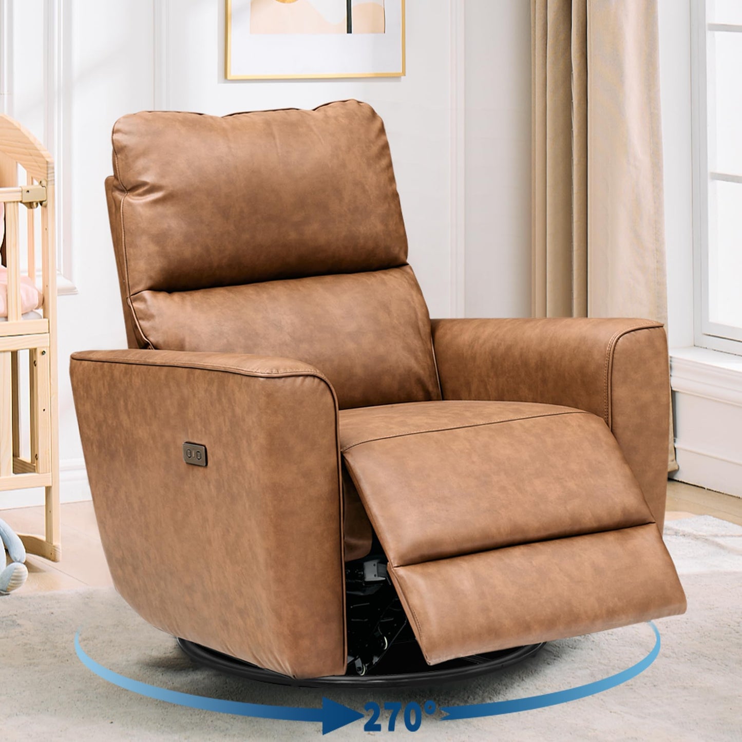 GarveeHome Power Recliner Chair, 270° Swivel Rocking Glider with USB Charging Port, PU Leather Upholstered Fabric, Ergonomic Modern Nursery Chair for Living Room, Bedroom, Nursery (Brown)