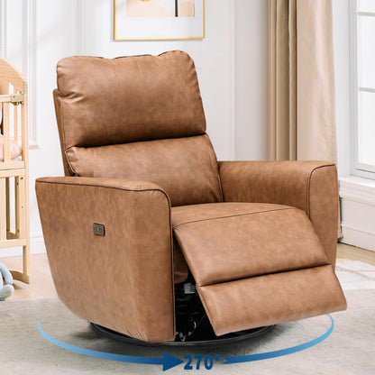GarveeHome Power Recliner Chair, 270° Swivel Rocking Glider with USB Charging Port, PU Leather Upholstered Fabric, Ergonomic Modern Nursery Chair for Living Room, Bedroom, Nursery (Brown)