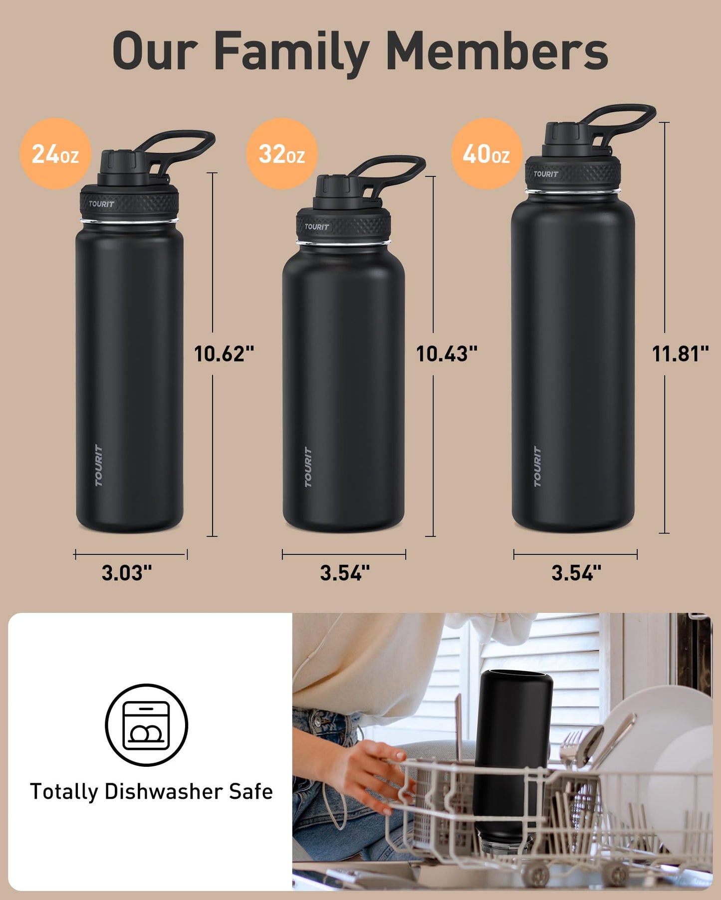TOURIT 40 oz Insulated Water Bottle, Stainless Steel Water Bottles With Handle, Double-Wall Vacuum Sports Water Bottle, BPA Free Leakproof Water Bottle, Black