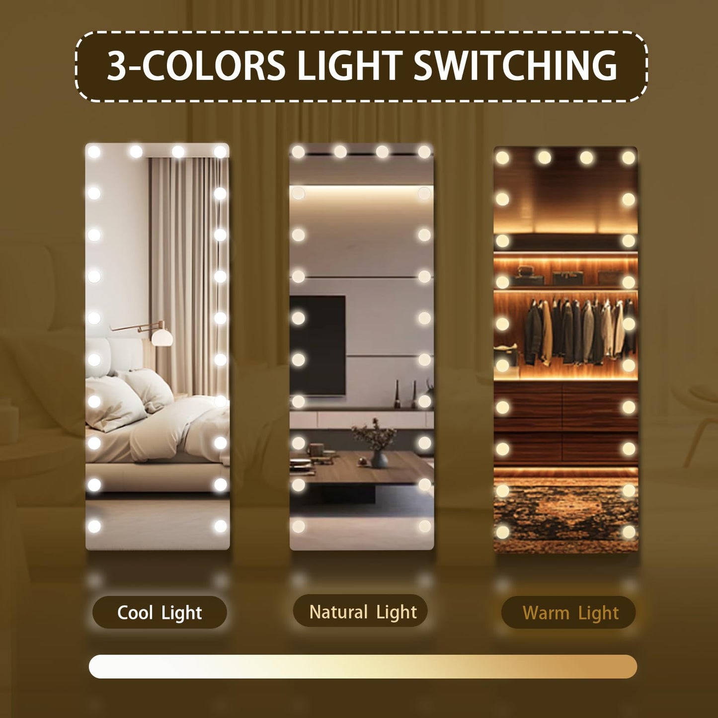 Kosmonia 66x22 Hollywood Full Length Mirror with Light, 22 Dimmable Bulbs & 3 Color Smart Touch Control, Distortion Free, Tempered Glass, Safe Full Body Mirrors with Stand