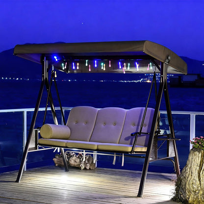 PURPLE LEAF 3-Seat Deluxe Outdoor Patio Porch Swing with Weather Resistant Steel Frame, Adjustable Tilt Canopy, Cushions and Pillow Included, Beige