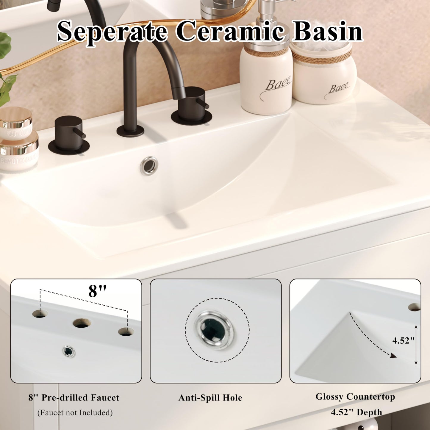 Christopher Knight Home Polla 30" Bathroom Vanity with Ceramic Sink, Wooden Bathroom Vanity Organizer, Soft Closing Door Bathroom Vanity Cabinet, Freestanding Pedestal Sink Storage Cabinet, White