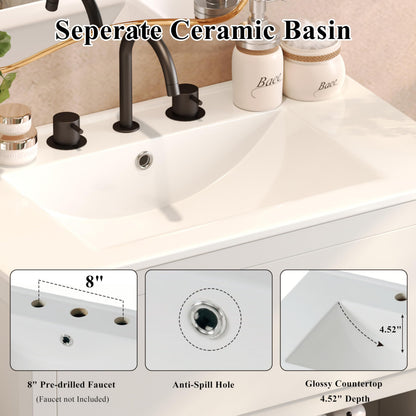 Christopher Knight Home Polla 30" Bathroom Vanity with Ceramic Sink, Wooden Bathroom Vanity Organizer, Soft Closing Door Bathroom Vanity Cabinet, Freestanding Pedestal Sink Storage Cabinet, White
