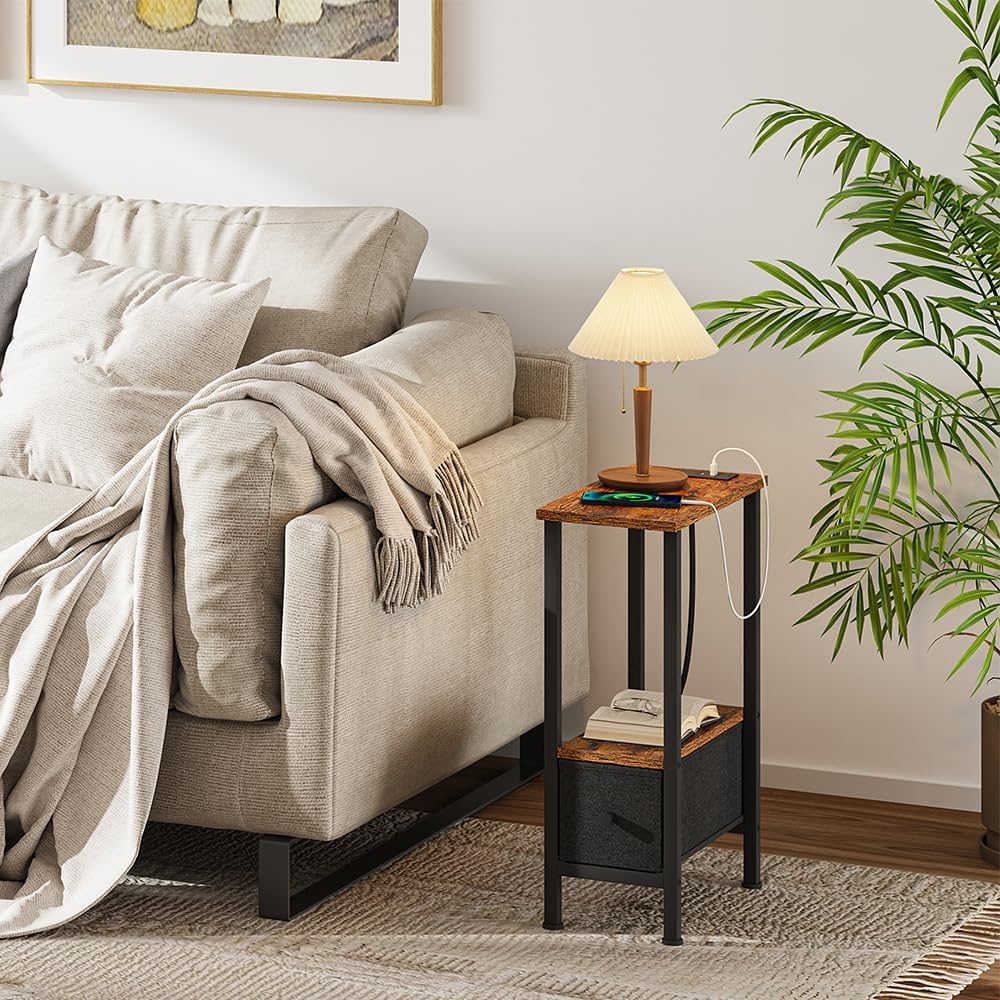 1 1 VIMBER Narrow Side Table for Small Spaces, Skinny End Table with Charging Station, Sofa Beside Table with Drawer