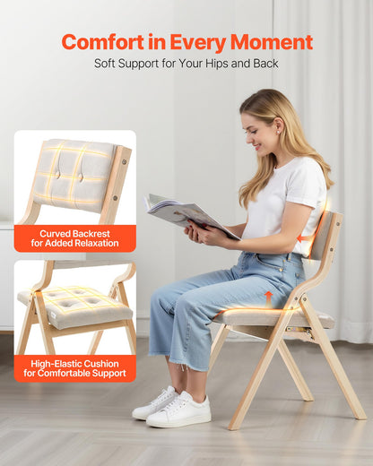 VEVOR Wooden Folding Chairs with Cushion, Set of 4, Portable Foldable Cushion Chair with Wooden Frame, Modern Padded Dining Chair for Kitchen, Office, Wedding, Party, Dining Room, Easy Assembly, Beige