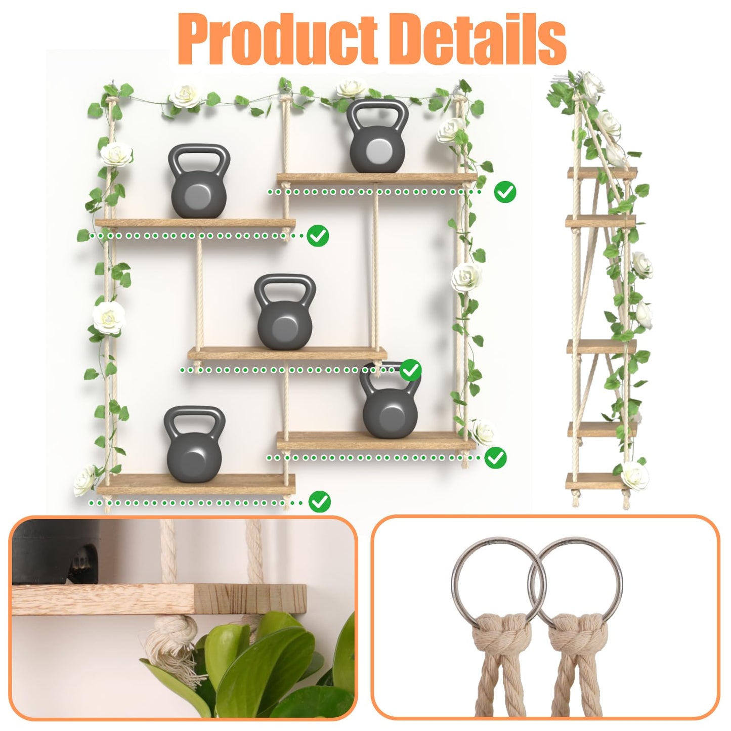 Hanging Shelves for Wall with Vine Lights 5 Tier Boho Wall Shelf Macrame Floating Shelves Rope Rustic Wood Organizer Storage Hanger Rack Decor Aesthetic for Succulents Bedroom Kitchen Bathroom Home