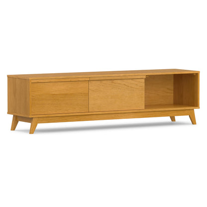 SIMPLIHOME Lennon TV Stand - 72 inch Wide Solid Wood Low Media Console in Oak Veneer, Mid Century Modern Entertainment Center for Living Room for TVs up to 80 Inches with Shelves and Cable Management