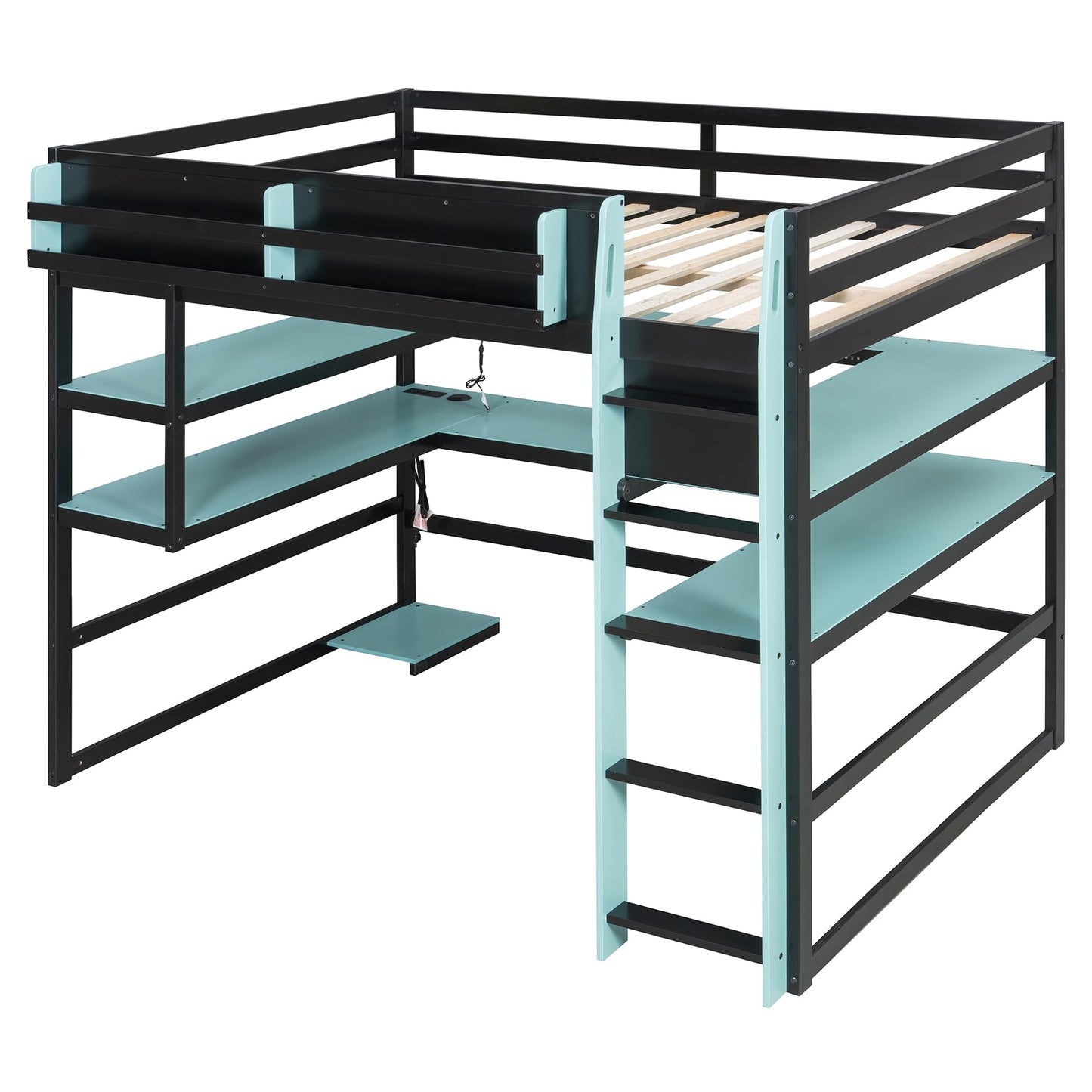 DNYN Gaming Loft Bed with Built-in Desk and Storage Shelves for Teens/Adults Bedroom, Space-Saving Full Size Wooden Bed Frame with LED & Side Race, No Box Spring Needed