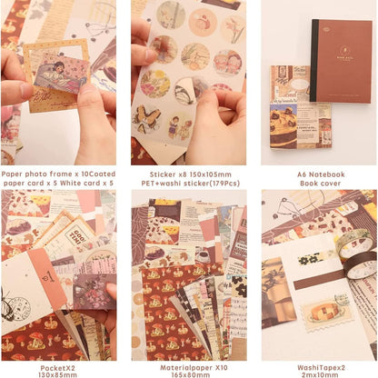 VIBE VISTA Vintage Aesthetic Scrapbook Kit, 346 Pcs, A6 Grid Notebook, Washi, Envelopes, Scrapbook Papers, Folding Labels, Background Papers, Photo Frames, Calendar Stickers, Stickers (Vintage)