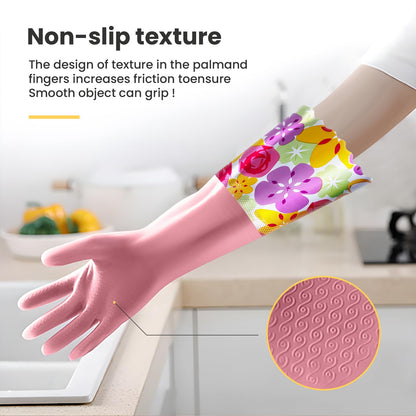 KAQ 3 Pairs Rubber Cleaning Gloves, Reusable Dishwashing Gloves for Kitchen with Cotton Liner, Long Cuff 16", Waterproof Non-Slip Household Gloves for Bleaching Bathroom, Laundry, Gardening (Large)