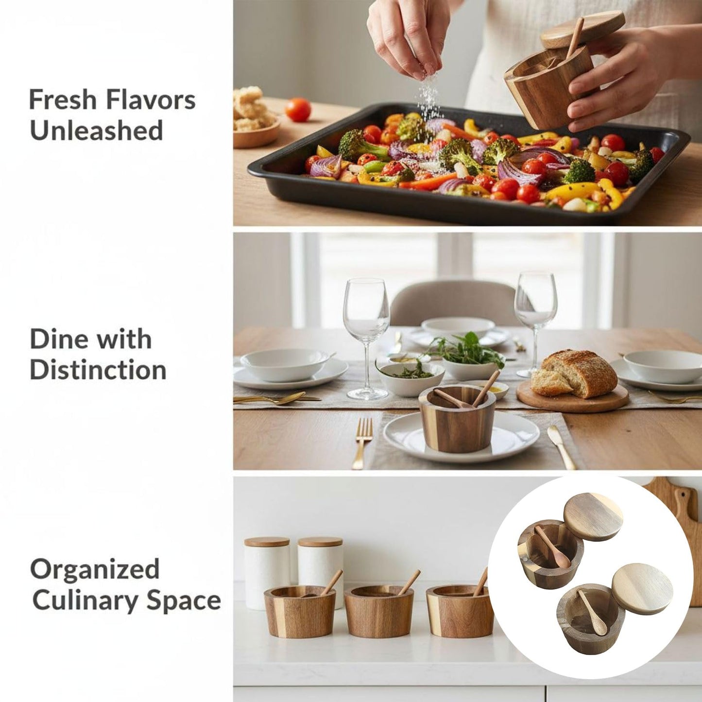 ZALIR 2 Pcs Acacia Wood Salt Cellars, Built-in Spoons, Secure-Clasp Lids, Single & Double Compartment Spice Containers, Dustproof Moisture-proof Seasoning Storage for Kitchen, 3.54 x 3.54 x 2.76 in