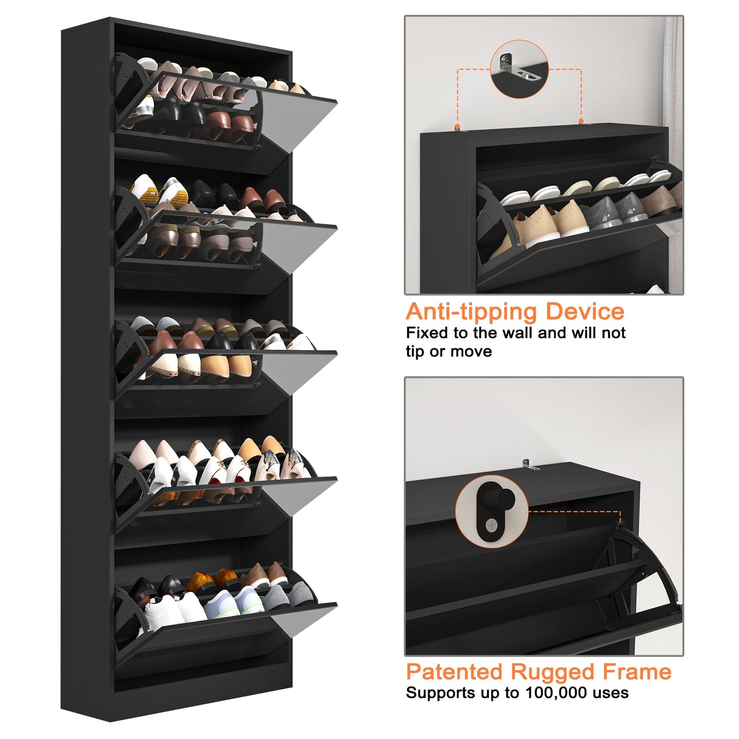 Organizedlife Shoe Storage Cabinet with Full Length Mirror, 30 Pairs & 5 Flip Drawer, Free Standing Shoe Rack Cabinet, Narrow Shoes Organizer for Front Door, Entryway (2-Shelf of Drawers, Black)