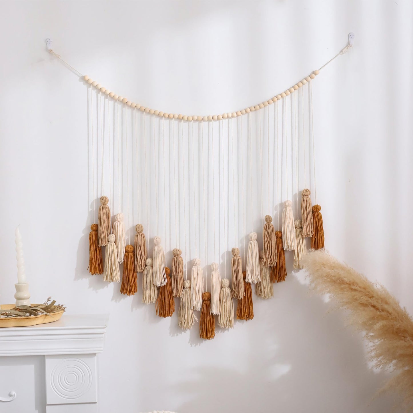 Perseverance Trade Boho Macrame Wall Hanging Decor Khaki & Beige Tassels Garland Wall Décor with Wooden Beads for Bedroom Living Room Girls Boys Nursery Neutral Home Decor Aesthetic