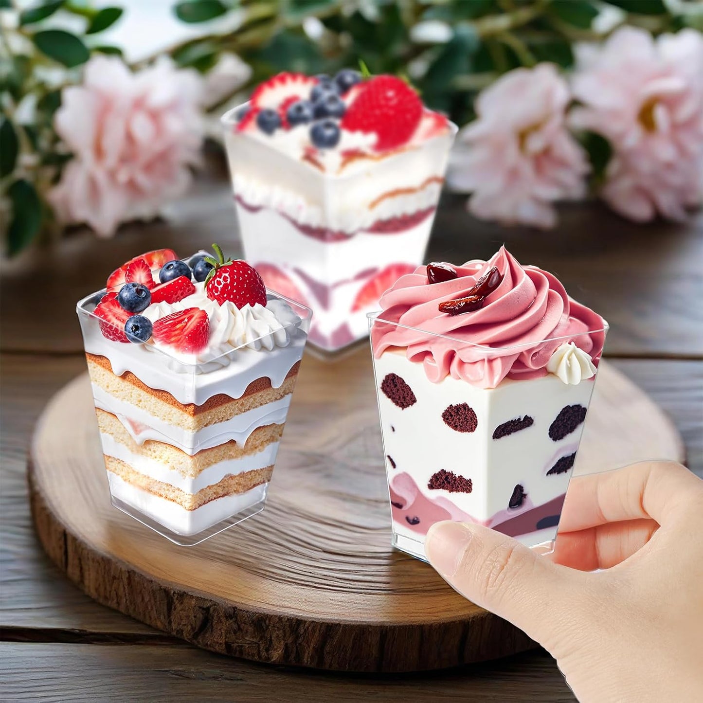 Uxaoxao 50 Pack 5oz Dessert Cups with Spoons, Plastic Yogurt Parfait Cups, Mini Square Dessert Cups with Spoons